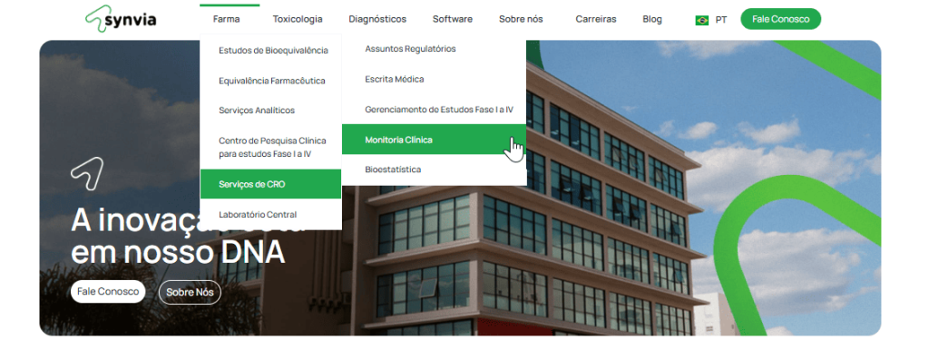 Menu do site de Synvia, com seções para: pesquisa clínica, bioequivalência, equivalência farmacêutica, exames toxicológicos e muito mais